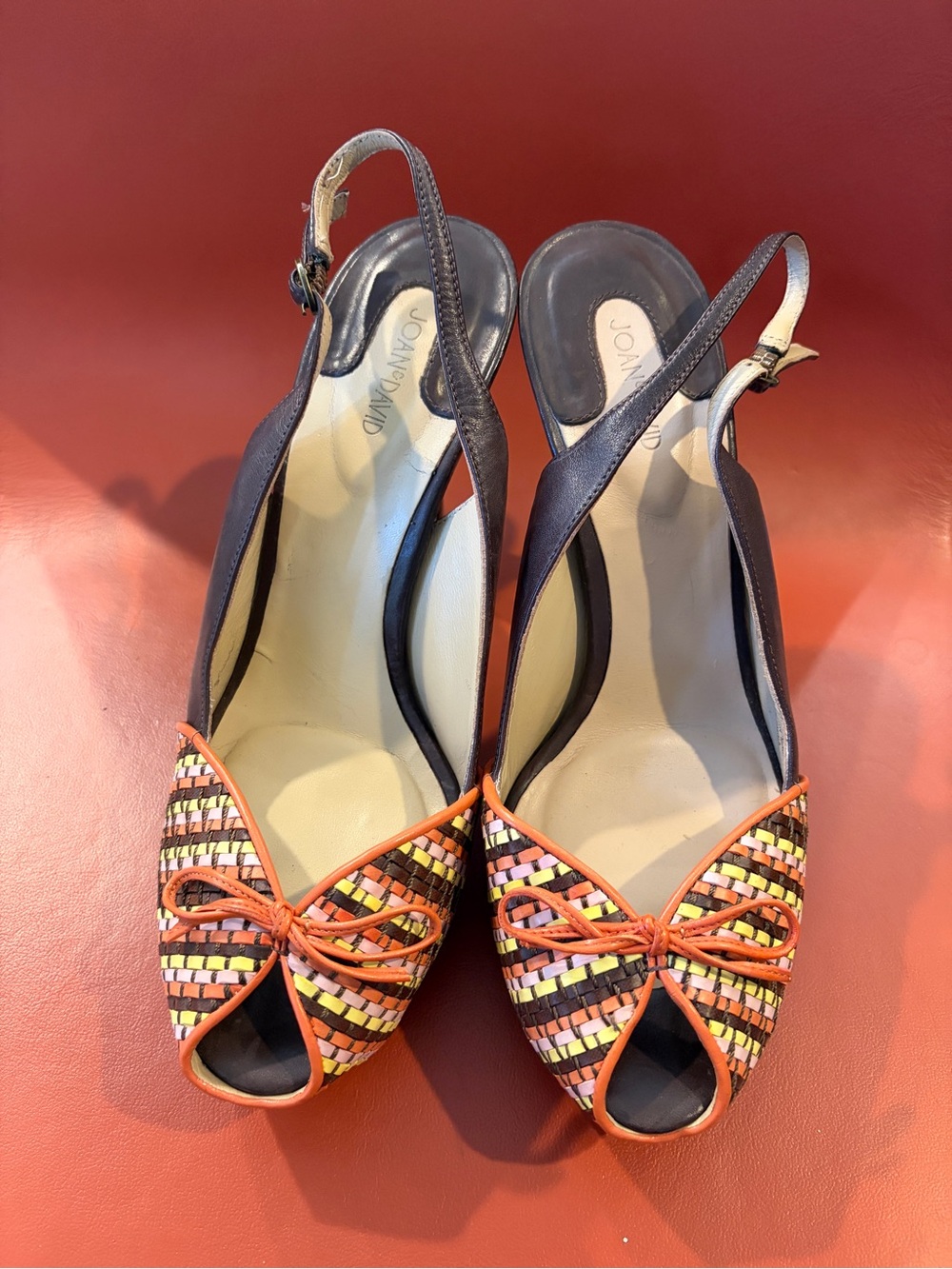 Joan & David Multicolor Woven Orange Trim Peep-Toe Slingbacks